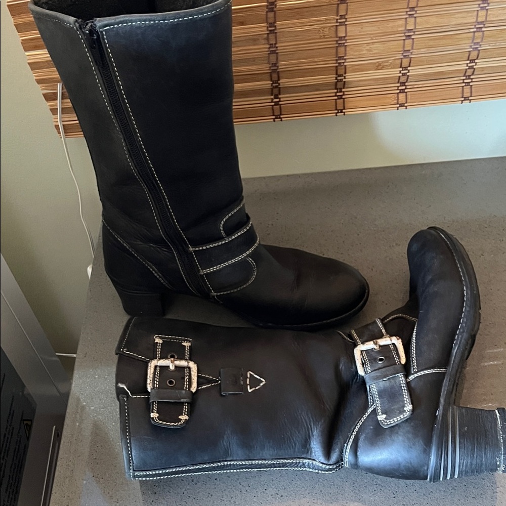 Black Leather Buckle Mid-Calf Boots SZ US8